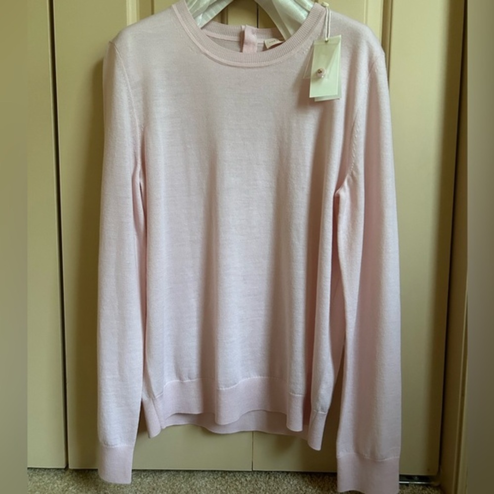 $398 Tory Burch Iberia Long Sleeve Pullover Logo Sweater Light Pink Quartz sz M
